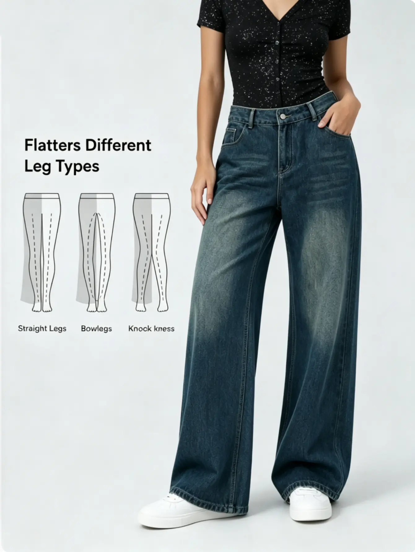 Women's High Waisted Tummy Control Minimalist Loose-Fit Washed Denim Wide Leg Casual Jeans with Pockets - Regular Size, BBL Spring Daily Outfits WH45, Women's Clothes, Trouser, Basic, Lady, Long Pants