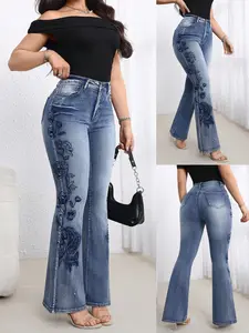 Women's High Waist Flare Fit Jeans, Vintage Floral Embroidered Elastic Blue Denim, Bohemian Style Aesthetic Y2K Casual Pants, All Seasons, Flared