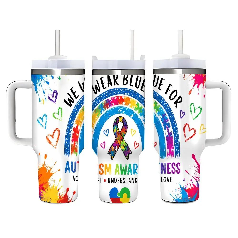 40oz Stainless Steel Autism Awareness Rainbow Puzzle Heart Tumbler - Double Wall Vacuum Insulated Flask with Handle, Straw, Lid - Portable Water Bottle for Car, Backpacks - Kitchenware Drinkware for Coffee, Iced Tea, Tea - Strong Insulation Birthday Gift