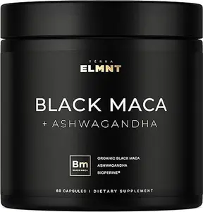ELMNT 40,000mg Organic Black Maca Root w. Ashwagandha - #1 Highest Black Maca Root Capsules for Men Supplement 40:1 Extract - 100% Pure Maca Peruana Maca Powder Pills Gelatinized