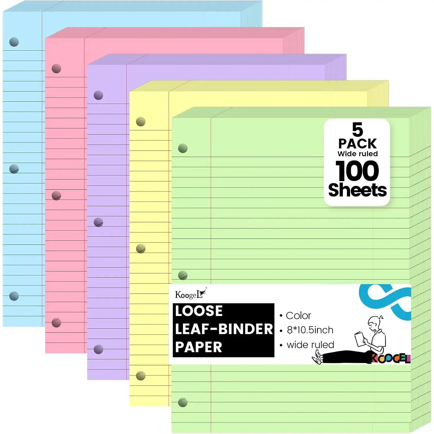 5-Color Wide-Ruled Loose Leaf Paper, 500 Sheets, 8x10.5 in, 3-Hole Punched for 3-Ring/A4 Binders, Binder Accessory for Class Notes/Drawing Doodles, Back to School Student Supply