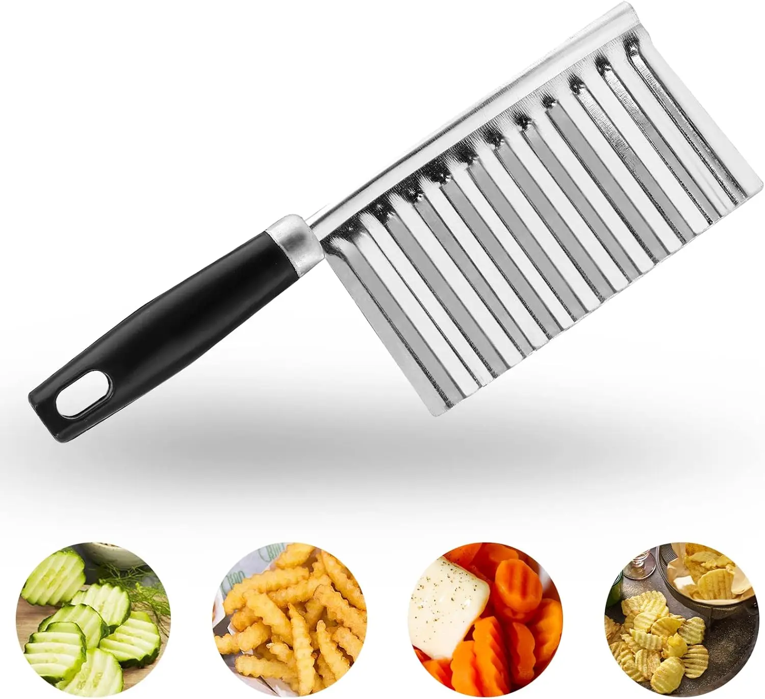 Stainless Steel Wave Chopper-Slicer Kitchen Supplies, Steel-Bladed Cutting Tool for Potato, Carrot, Children's Black-Handle Lunch Accessories, Utensils