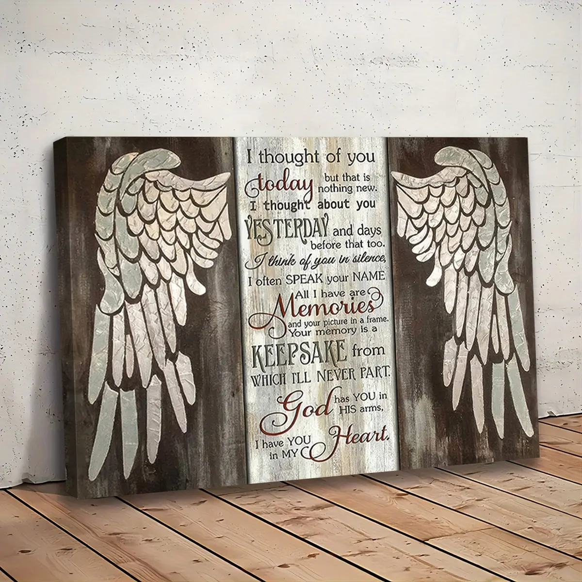 [Ready to Hang] 1Pc 12x16 Inch In Memorial Canvas Wall Art Decoration Painting Artwork, I Thought of You Today Angel Wings Picture, Retro Farmhouse Stretched Wood Framed Remembrance Poster, Deep Sympathy Bereavement Gift (30x40cm Included)