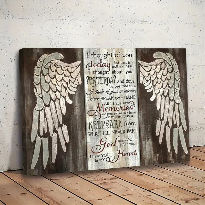 Ready to Hang, Hanging Wall Art, Home Wall Decor, 1Pc 12x16 Inch In Memorial Canvas Wall Art Decoration, I Thought of You Today Angel Wings Picture, Retro Farmhouse Stretched Wood Framed Remembrance Poster, Deep Sympathy Bereavement Gift