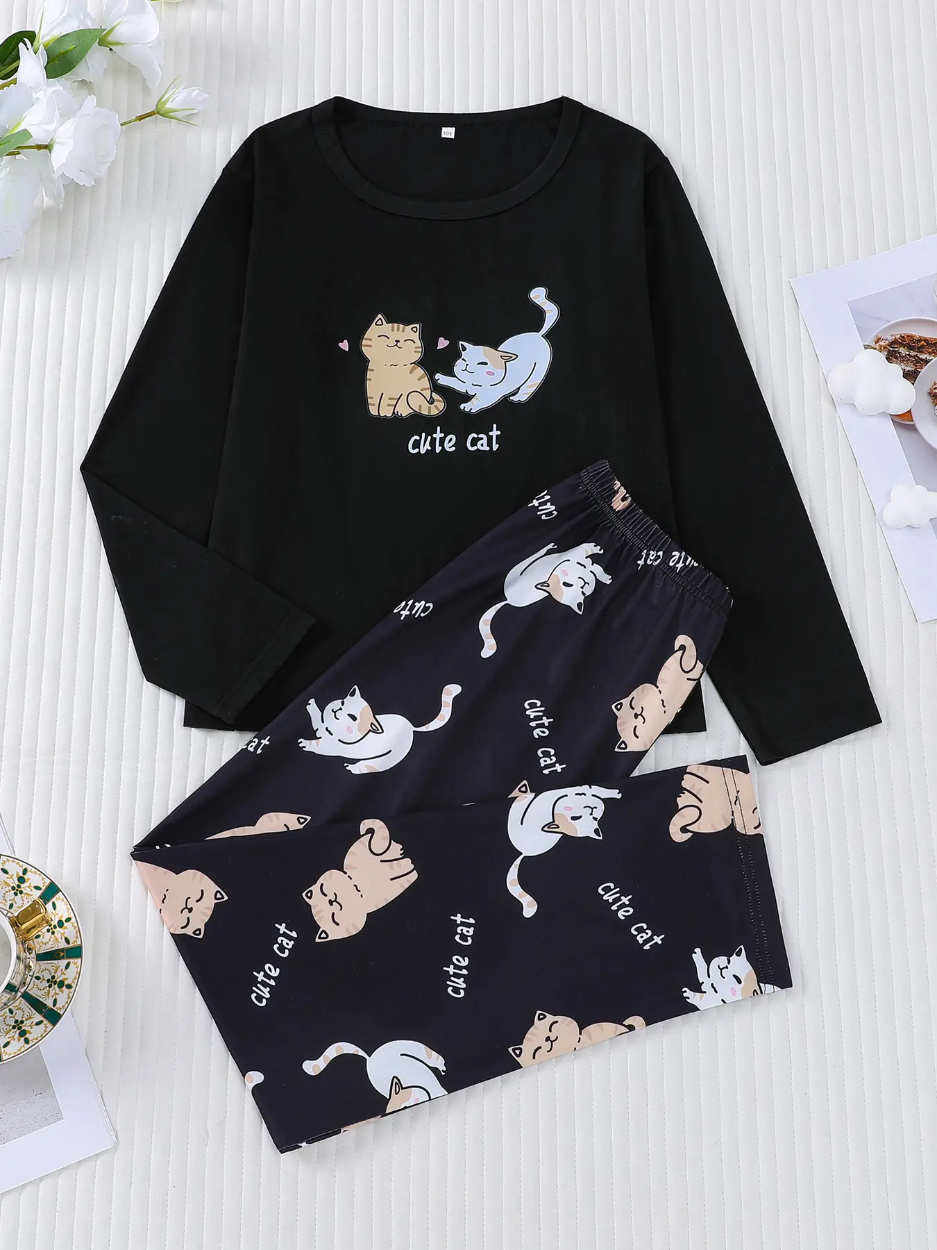 2 pieces of cute cat printed round neck long sleeved sleepwear set for girls and boys, with elastic waistband suitable for all seasons, comfortable and cute home wear, Pajama Sets, Cartoon Pattern Pajamas