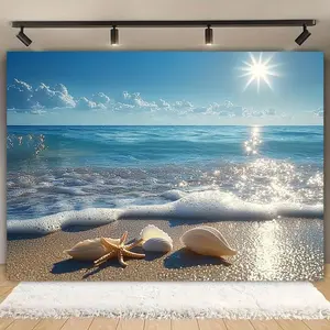 1pc Reusable Polyester Beach Theme 2D Party Backdrop & Banner - Sunshine Print Scene with Starfish, Shells, Versatile Photography Background for Wedding, Birthday Events, Banners