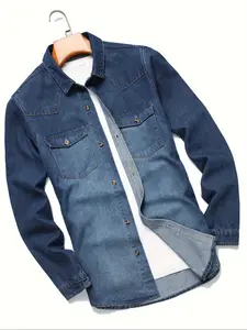 Men's Fashion Casual Washed Loose Fit Denim Long Sleeve Shirt, Comfortable Fabric, Regular Fit, Long Sleeve, Daily Wear