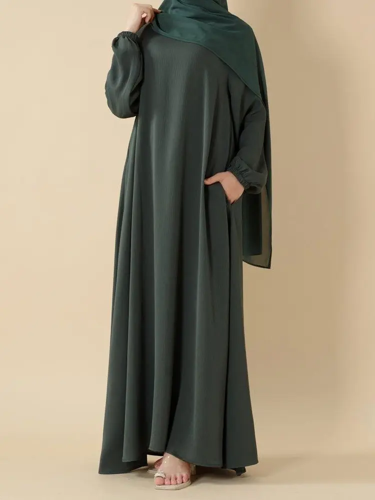 Breathable Umbrella-Cut Abaya for Women - Lightweight Textured Nida Zoom Fabric Dress with Pockets and Wudhu-Friendly Elastic Sleeves, S