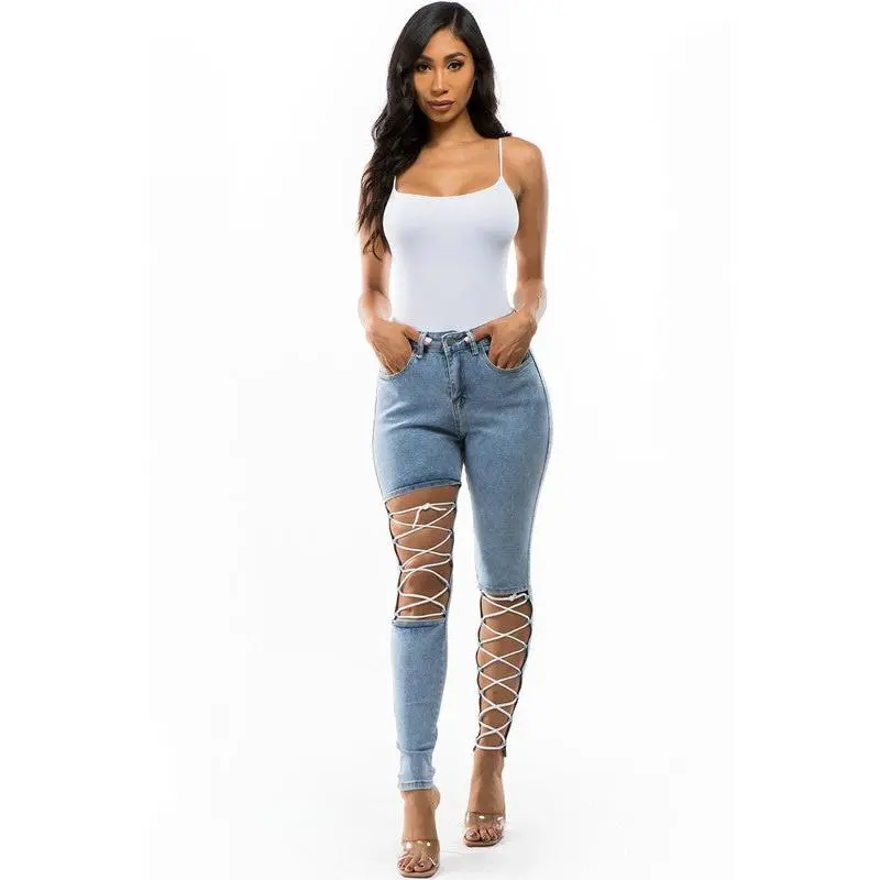 By Claude Crisscross Strap Sexy Lace-Up Cut- Out Skinny Jeans
