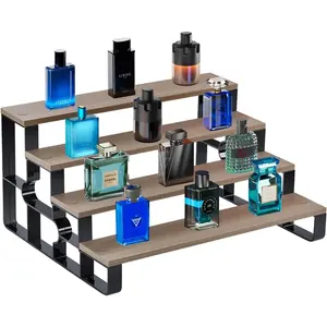 Perfume Stand for Men,4 Tier Cologne Organizer,Display Shelf Stands for Dresser,Wooden Shelf Display Risers for Party,Makeup,Figures,Cupcake,Dessert(Walnut,Width=14")