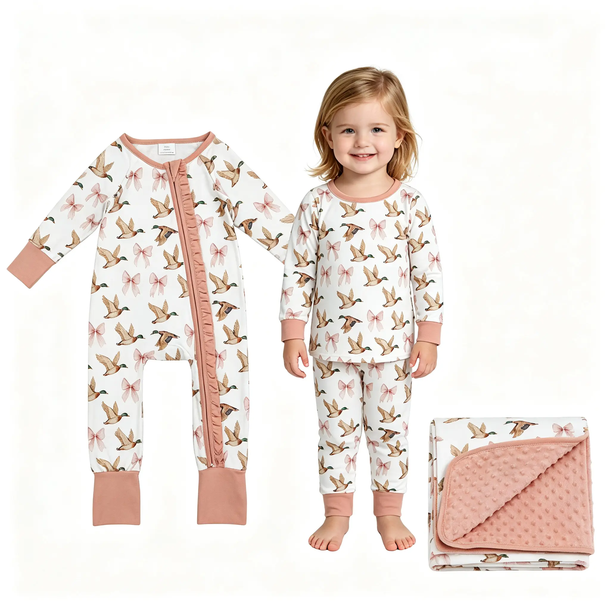 Baby Girls Ultra-Soft Breathable Long-Sleeve Pajama Set - Duck Cartoon, Hunting Season Themed, Bow Accents, Pastel Casual Sleepwear, Baby Girls Clothing