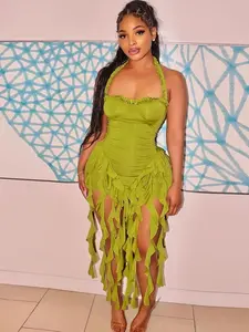 Women's Plain Ribbon Halter Neck Ruffle Hem Bodycon Dress, Sexy Y2K Octopus Dress, Chic Backless Sleeveless Mini Dresses for Party Club Dating Wear, Ladies Summer Fashion Clothes, Valentine's Day Gift for Girl