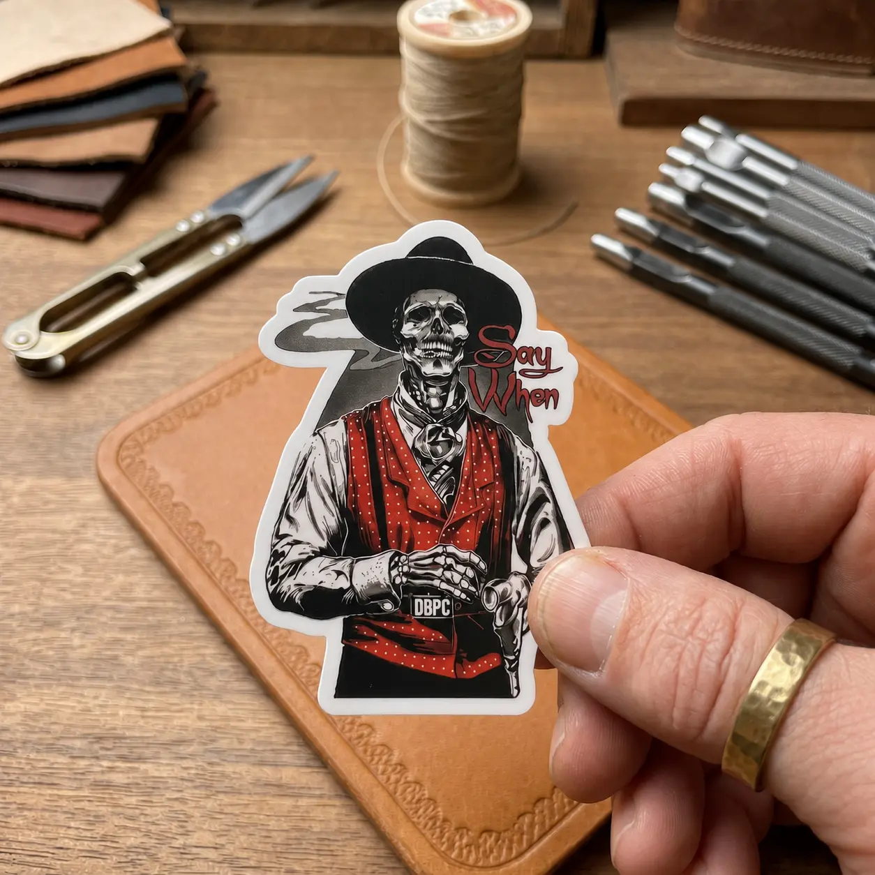Skeleton Cowboy ‘Say When’ Sticker – Vintage Western Skull Decal, Gothic Cowboy Aesthetic, Waterproof Laptop Water Bottle Sticker, Country Western Gift Idea
