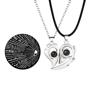 2PCS/set matching necklaces for couples 100 Languages I Love You Lovers Heart Magnetic relationship Necklace