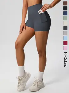 Women's Solid Color High Waist Side Pocket Sports Shorts, Casual Comfy Breathable Butt-lifting Skinny Shorts for Yoga Gym Workout Running, Ladies Sportswear for Spring & Fall