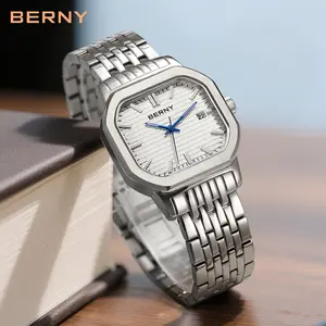 BERNY Silver Casual Watch for Men – Square Quartz Analog Wristwatch, All Stainless Steel, 30M Water Resistant, Super Luminous, Adjustable Bracelet, Classic Men's Business Fashion Style, Gift for All Occasions, Reloj de Hombre, Easter Gift