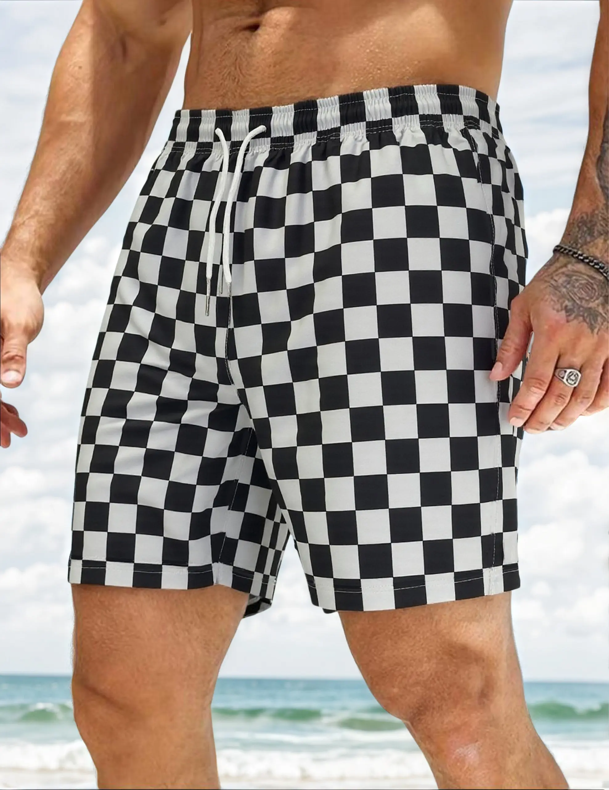 SUMIMERVIBESMen’s black and white checkerboard print swim shorts — quick-drying drawstring casual beach shorts with an elastic waistband design; summer vacation casual surfing shorts; summer seaside casual swim shorts, vacation shorts men shorts