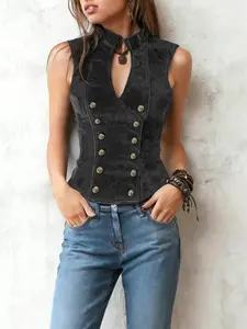 This Velvet Vest Sleeveless is Western Grunge Perfect Double-Breasted Corset Top