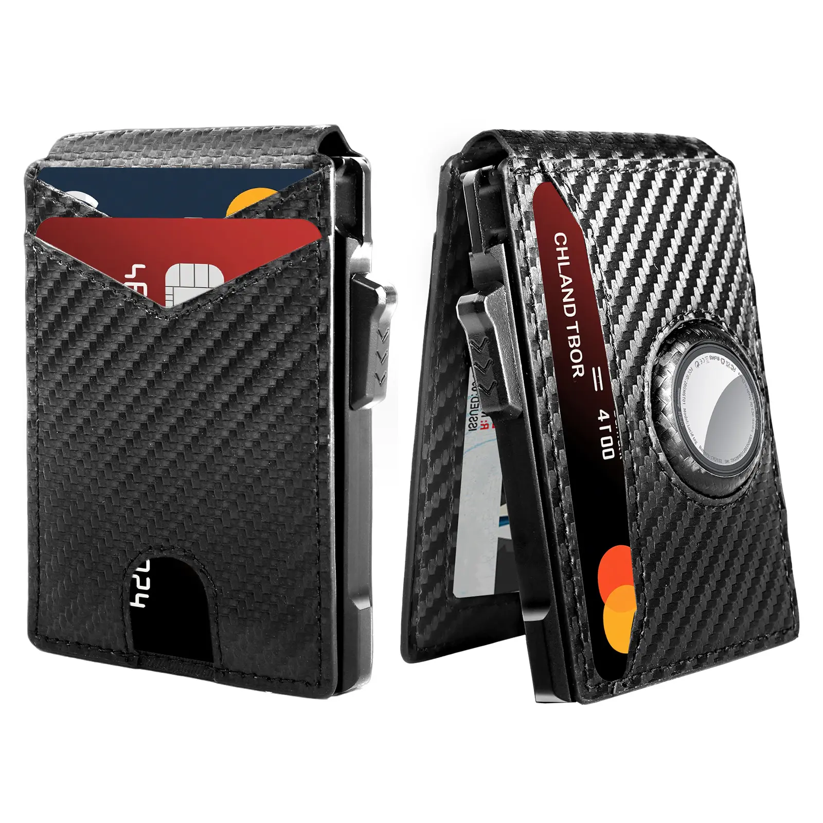 Airtag Wallet for Men, Men's Carbon Fiber Smart Wallet for Air Tag RFID Blocking, Minimalist Bifold Pop Up Aluminum Credit Card Case Holder Wallet with ID Window, Gift for Men