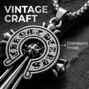 Silver Tone Gothic Cross Pendant Necklace With Engraved Details