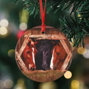Farmhouse Horse Merry Christmas Xmas Tree Decoration, Round Ceramic Ornament, Farmhouse Christmas Tree Holiday Decor, 2024 Christmas Horse Ornaments Hanging Tree Decorations, Horse Gifts for Family and Friend