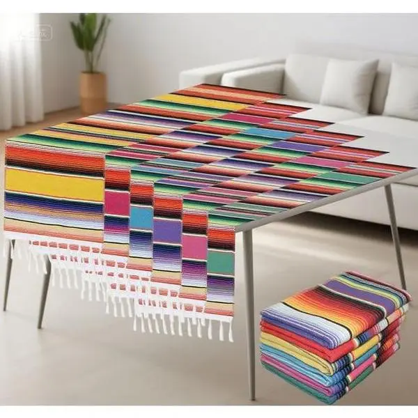 6-Pack Rectangle Colorful Fiesta Table Runners, 14x84 In Extra Long Vibrant Rainbow Striped Boho Style, Washable Durable Fabric Festive Decor for Cinco de Mayo & Themed Party Events