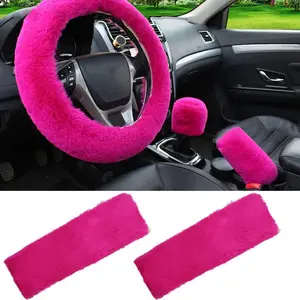 5-Piece Plush Car Interior Accessories Set: Girly Car Interior Sets, Universal 15-inch Plush Steering Wheel Cover, Faux Wool Steering Wheel Cover, Handbrake Cover, Gear Shift Cover, 2 Seatbelt Shoulder Pads, Girly Car Accessories
