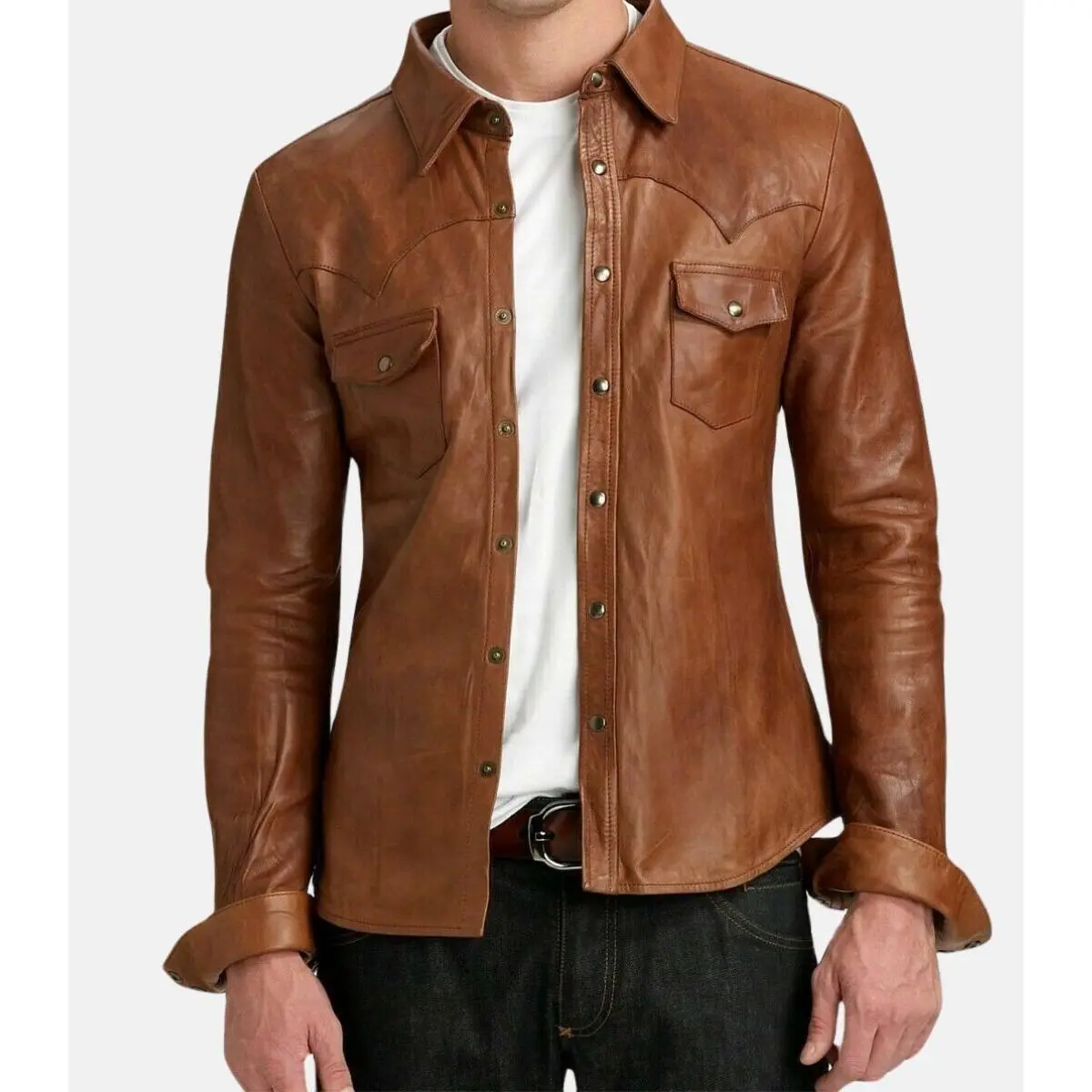 Men's Casual Vintage Brown Leather Shirt with Casual Style