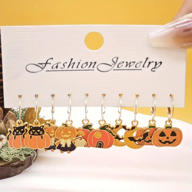 10-Piece Halloween Earring Set for Women, Cartoon Pumpkin, Ghost & Animal Enamel Alloy Jewelry, Horror Style Hoop, Dangle & Clip-On Mix for Birthday Party, Cruelty Free, 1 Set, Ear Hoops, Animals, Witchy Jewelry, Unisex Wear, Ghost Pumpkins, Halloween Thi