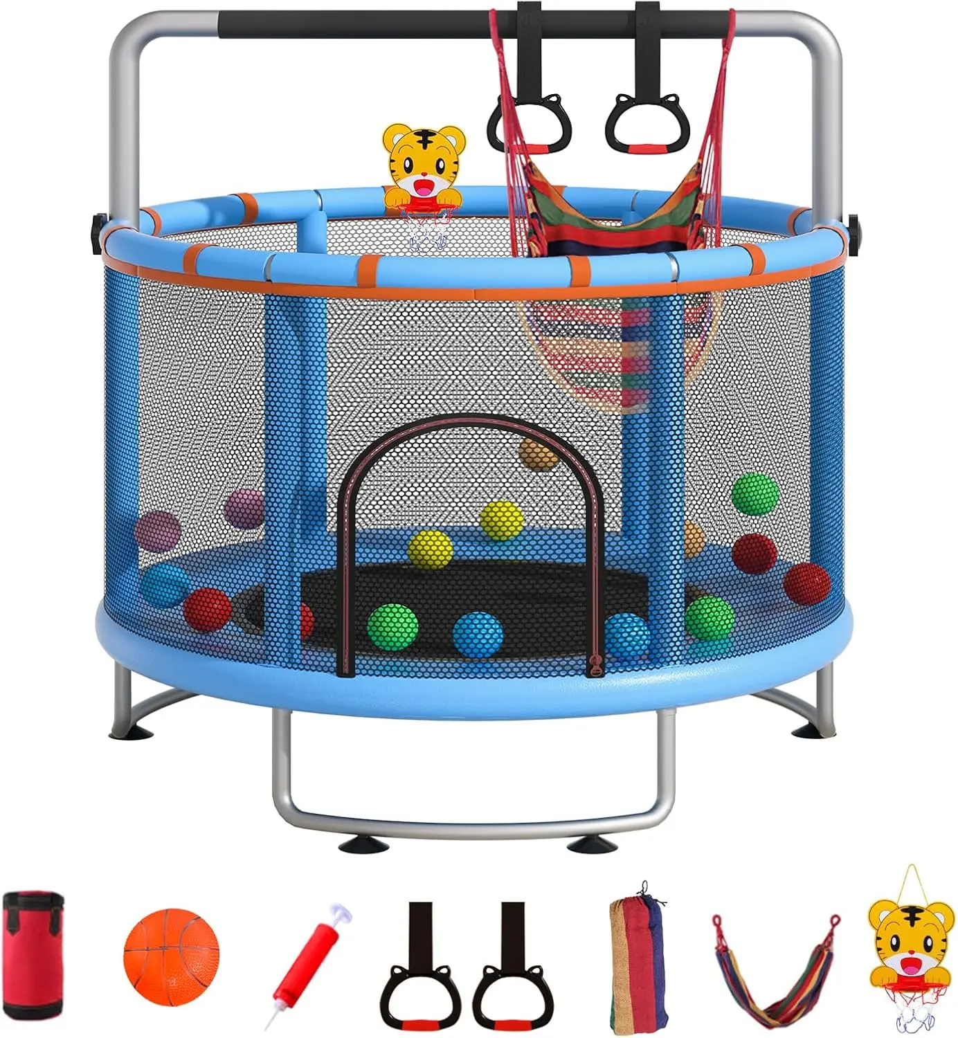 55-Inch Hexagonal Toddler Trampoline, Playful Indoor/Outdoor Jumper for Unisex Kids with Safety Net and Basketball Hoop, 450 lbs Capacity, Jumping