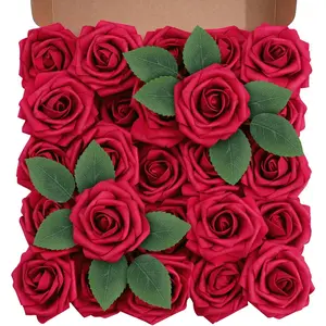 Artificial Flowers Foam Fake Roses 25pcs Red Roses with Stems for Home Decor DIY Wedding Bouquets Party Bridal Shower Centerpieces Faux Flower Arrangements Tables Decorations