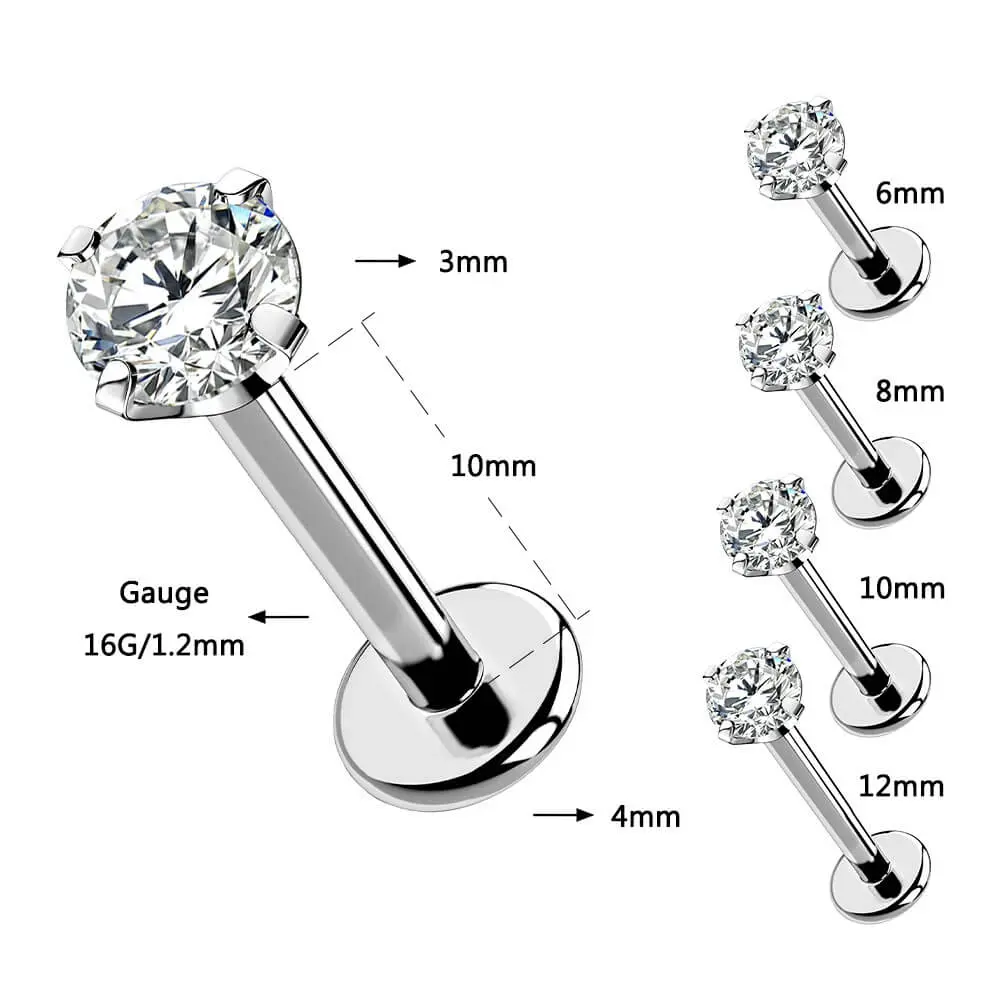 OUFER BODY JEWELRY 16G Titanium Labret Stud with Prong Set CZ, Internally Threaded Flat Back, Long-Lasting Anti Tragus Jewelry for Helix Piercings
