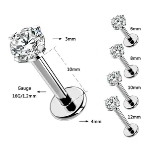 OUFER Titanium 16G CZ Internally Threaded Prong Flat Back Body Piercing Jewelry, 6mm-12mm Multi-Size Anti Tragus Helix Pierced Ring Labret Stud Earrings for Women