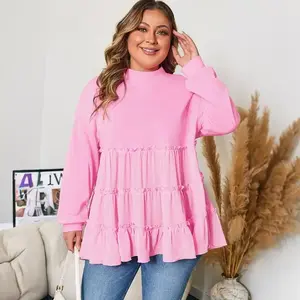 Plus Size Babydoll Top Tiered Ruffle Crew Neck Long Sleeve Pullover with Frill 2025 Fall Outfits(Sheets)