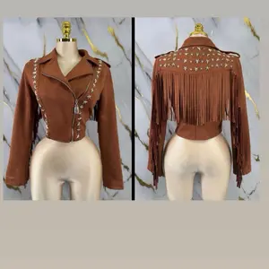Fringe Jacket with Star Embellishments and Fringe Details Brown Suede Style