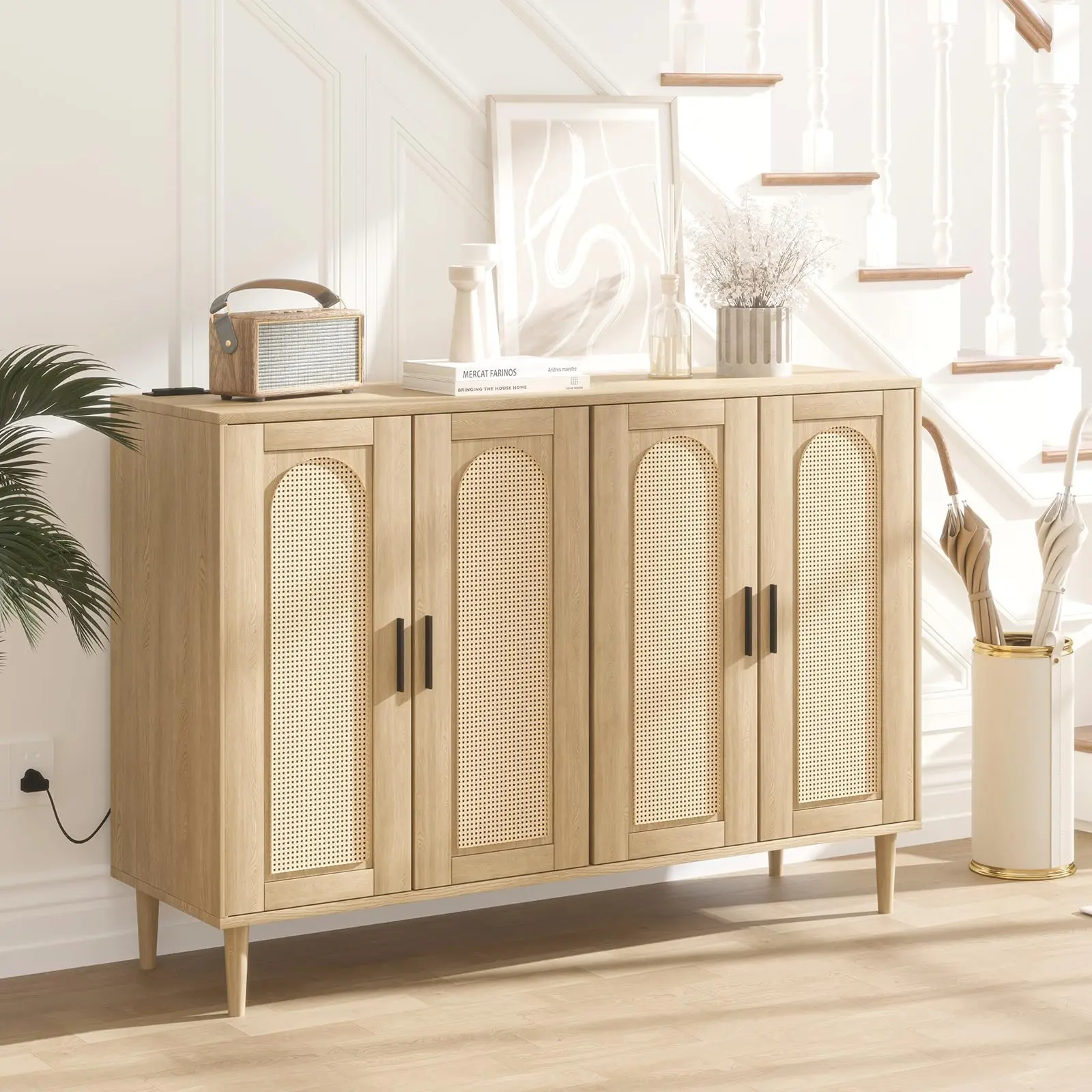 Garvee Rattan Sideboard with Power Outlet, Wooden Sideboard Cabinet Buffet with 4 Doors, Stylish Accent Buffet for Entryway, Hallway, Dining Room, Living Room, Coffee Bar in Wood or Black Finish