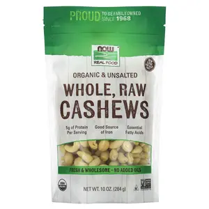 NOW Foods Organic Whole Raw Cashews, Unsalted, 10 oz (284 g)