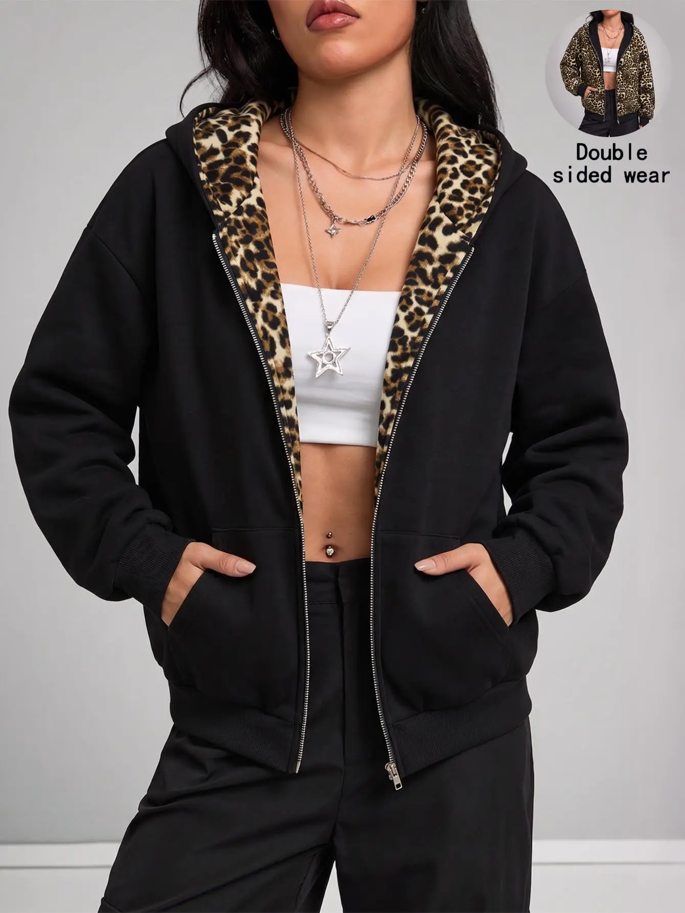 Women’s cotton zip up jacket with hood, leopard print lining, reversible (front/back), loose long sleeves, street casual style, with pockets