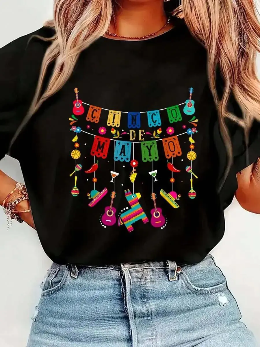 Cinco De Mayo Funny Mexican Fiesta 5 De Mayo T-Shirt Casual Graphic Print Round Neck Short Sleeve T-Shirt, Summer Top