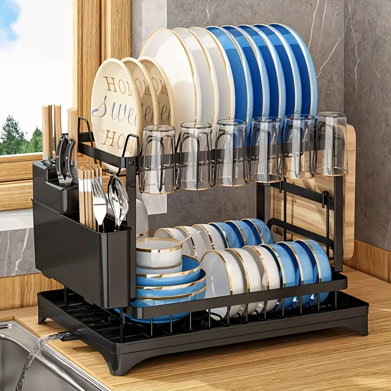 2 Layers Dish Drain Rack For Kitchen Countertop Golden Type Dish Drain Rack With Knife Cup Cutlery Rack, Suitable For Bowl Chopsticks Retail Store Display Organiser Utensil dish drying rack
