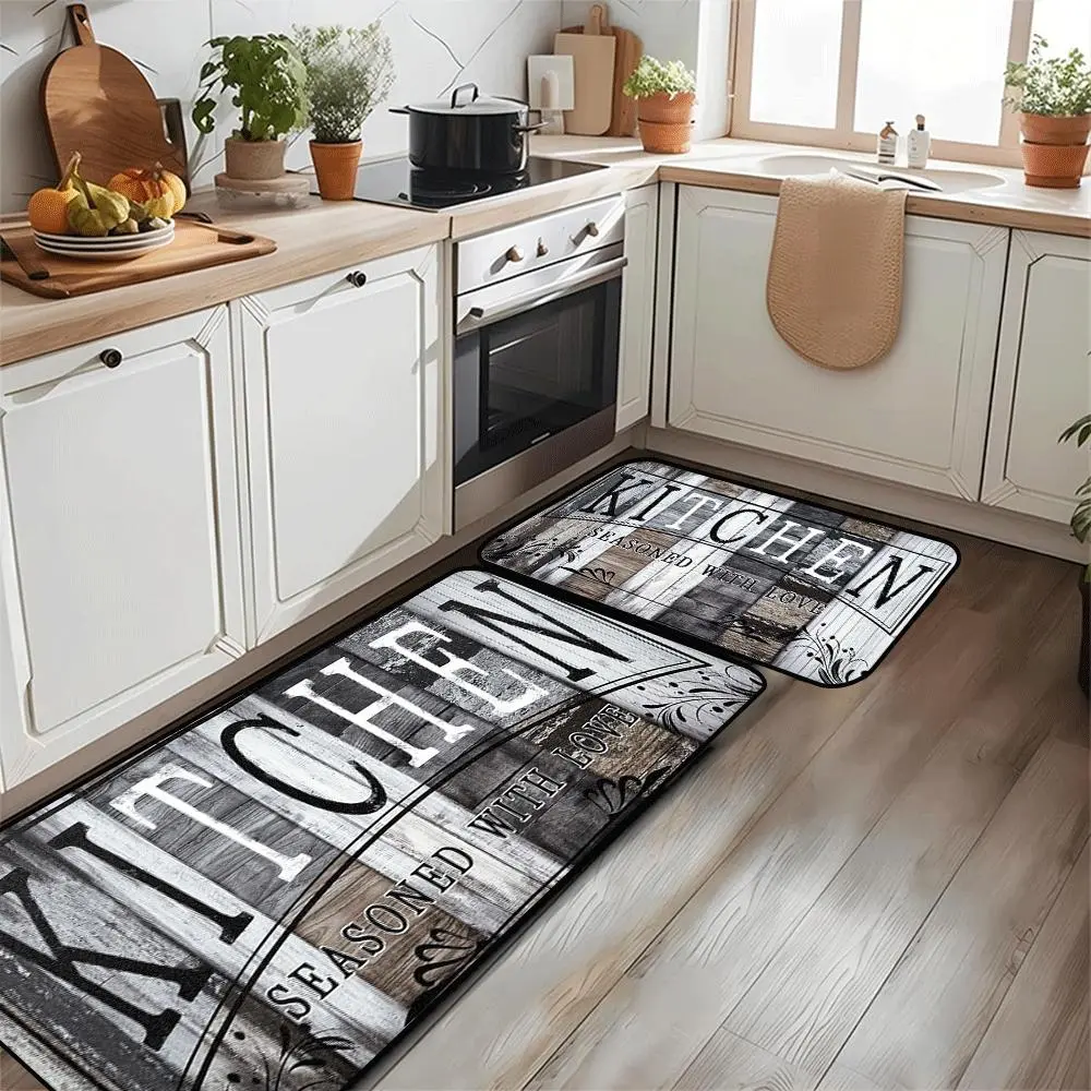 Kitchen Mat, 2-Piece Vintage Wooden Floor Pattern Non-Slip Decorative Cooking Kitchen Rug Set, Kitchen Linens, Kitchen & Home Decor