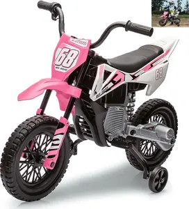 12V Kids Electric Dirt Bike With Training Wheels Twist Grip Throttle 3 MPH Max Speed And Music Ride On Motorcycle For Toddlers Baby Pink