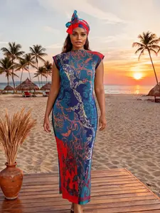 Women's Elegant All-Over Printed Long Dress & Scarf Set, Slim Fit Beach Cover-Up Shawl, Sun Protection Silk Wrap for All Seasons
