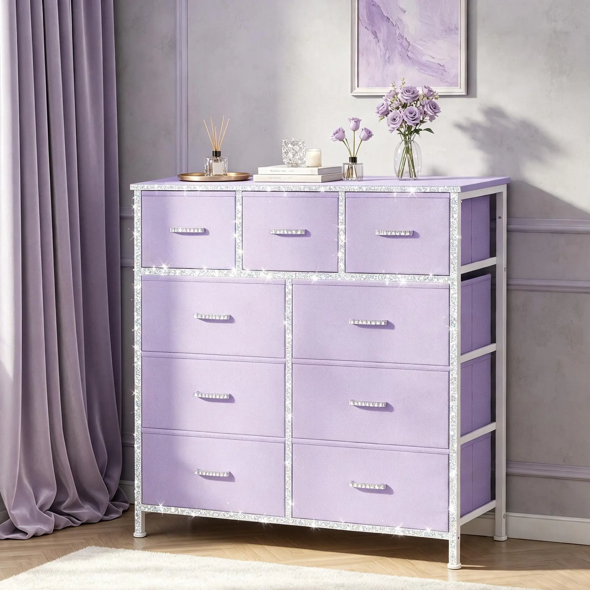 【Purple】9 Drawer Dresser for Bedroom, Storage Organizer with 9 Drawers, Chest of Drawers with Fabric Bins, Sturdy Metal Frame, Wood Tabletop for Guest Room, Closet, Entryway, Nursery