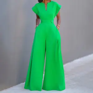 Women's Green Fitted Polyester Wide Leg Jumpsuit - One Size Smaller Order Larger for Comfort