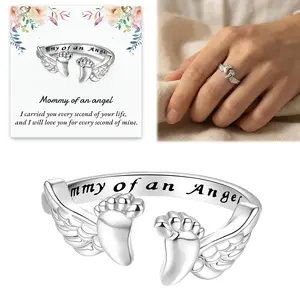 Women's Adjustable Polished Silver Memorial Ring - Fingerprint Engraved Footprint Wing Design, Statement Multi Ring, Sympathy Gift for Mothers Who Lost a Child, Fingerprint Engraved Rings