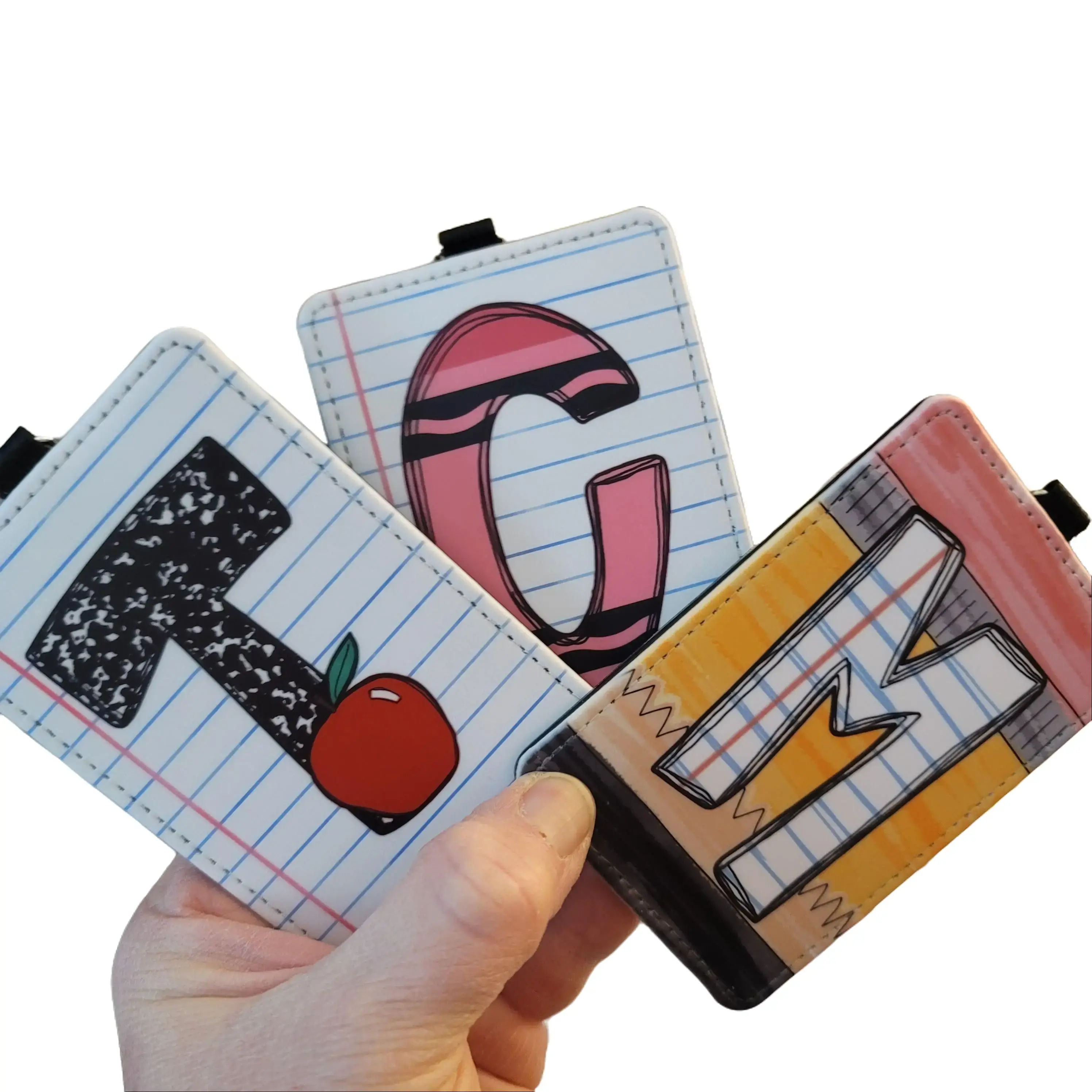 Mommie Peas Creations Personalized Vertical Faux Leather ID Badge Holder - Back to School - Notebook Pencil Design, Durable Clear Plastic Sleeve, 2.75"x4.1" Compact, Teacher Appreciation Gift for Educators