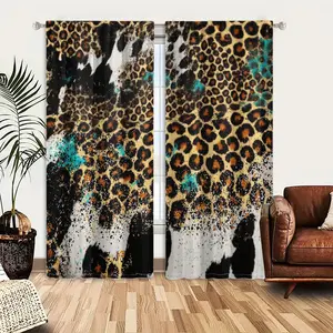 2pcs Window Curtains, A vibrant, distressed mix of leopard and cow print patterns, highlighted with striking teal paint splatters and a bold, modern aesthetic.Window Drapes for Bedroom Living Room, Rod Pocket Window Treatment, Home Decoration Curtain