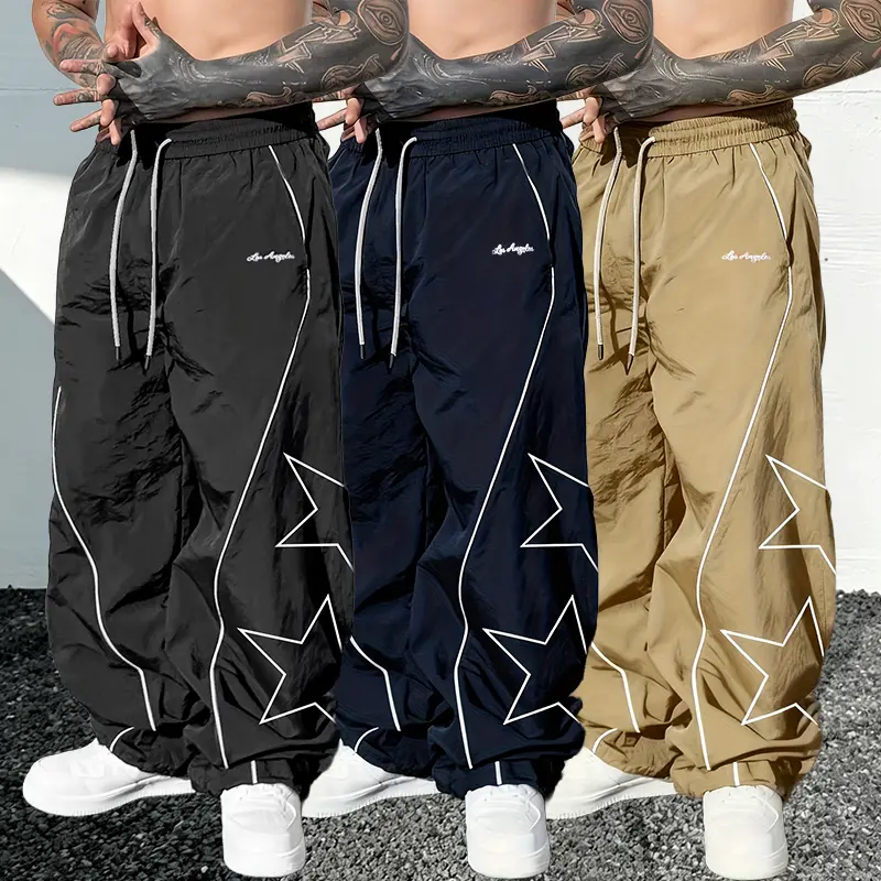Men's 3PCS Printed Polyester Mesh Oversize Baggy Wide Leg Pants - White Star & Letter Print, Contrast Stitching, Retro Stripes, Star Stripes, Soft Fabric, Embroidery, Geometric, Sporty, Drawstring, Do Not Iron, Gym Casual Streetwear Everyday Outfit, Hang,