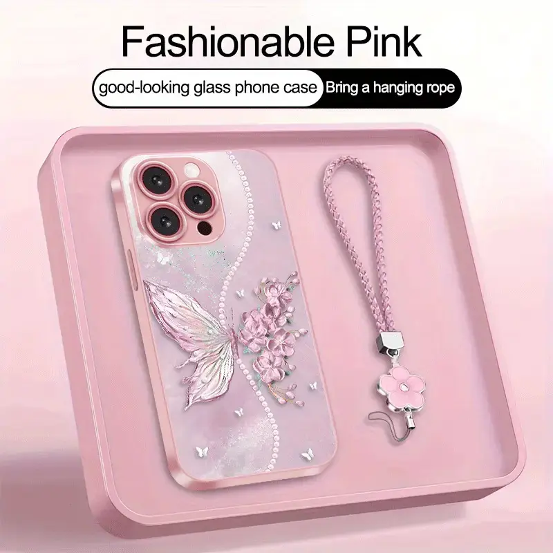 Butterflies Metal Paint Glass Smartphone Case with Lanyard for iPhone - Handheld Cellphone Devices Cover, Cute Unisex Minimalist Lightweight Business Protective Shell, All-Season Gift
